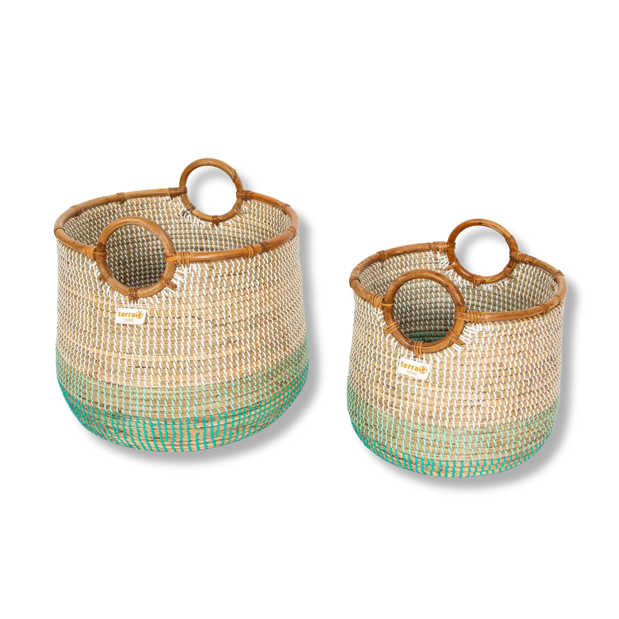 Terra Home Seegras Korbset Rattan Ø42 und Ø 34 türkis blau weiß